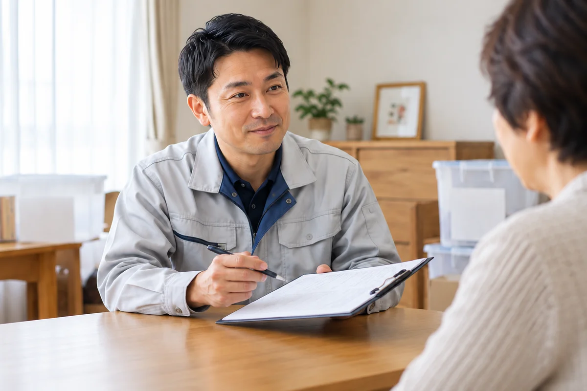 作業内容の説明を聞きながら、片付けについて相談する様子