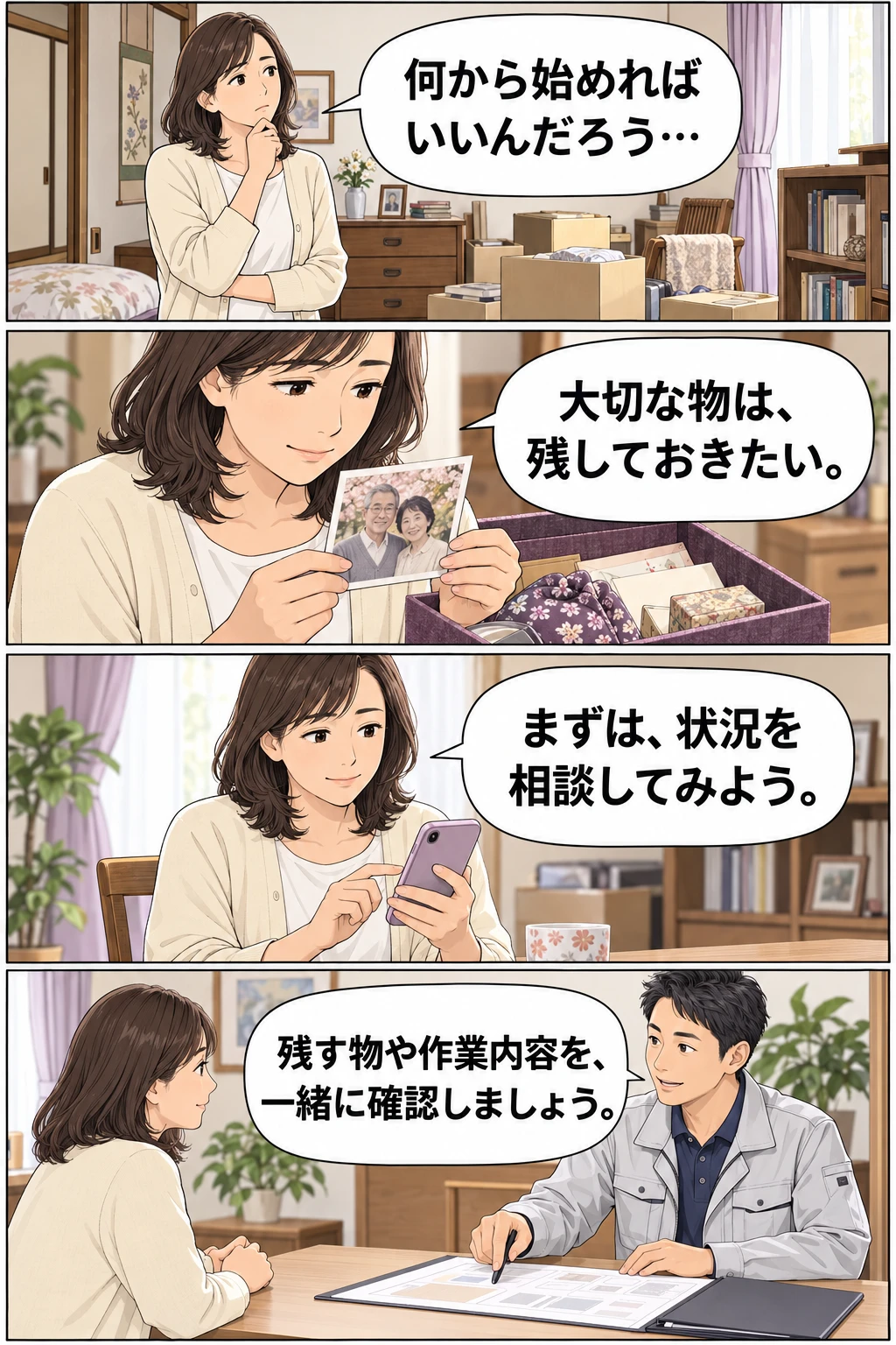 4コマ漫画。1、家族の遺した品を前に、何から始めるか迷う女性。2、大切な家族写真は残しておきたいと考える。3、まずは状況を相談してみようとスマートフォンを手に取る。4、担当者と残す物や作業内容を一緒に確認する。