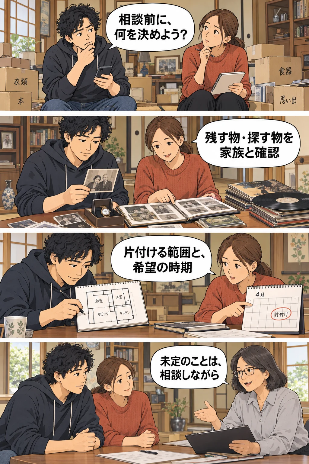 親の家を片付ける30〜40代のきょうだいの4コマ漫画。1、相談前に、何を決めよう？。2、残す物・探す物を家族と確認。3、片付ける範囲と、希望の時期。4、未定のことは、相談しながら