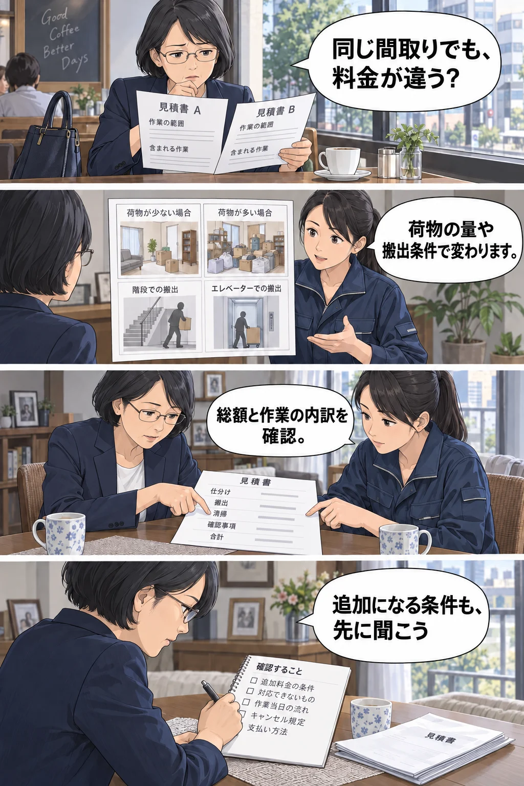 仕事と片付けを両立する50代の女性の4コマ漫画。1、同じ間取りでも、料金が違う？。2、荷物の量や搬出条件で変わります。3、総額と作業の内訳を確認。4、追加になる条件も、先に聞こう