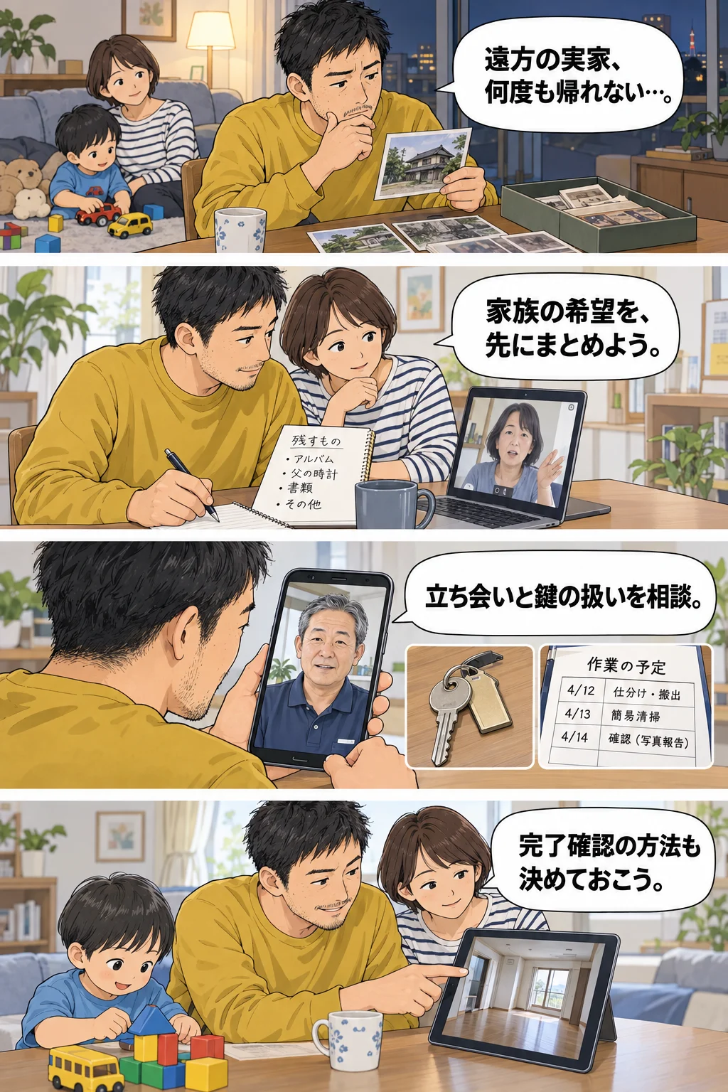 子育て中で帰省しにくい40代の男性の4コマ漫画。1、遠方の実家、何度も帰れない…。2、家族の希望を、先にまとめよう。3、立ち会いと鍵の扱いを相談。4、完了確認の方法も決めておこう