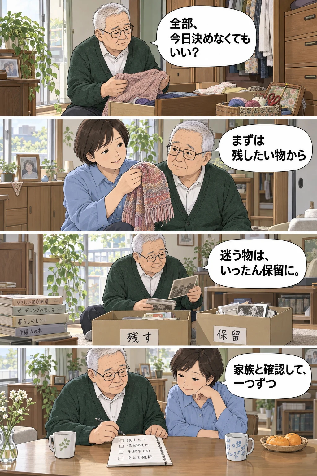 妻の品を整理する70代の男性の4コマ漫画。1、全部、今日決めなくてもいい?。2、まずは残したい物から。3、迷う物は、いったん保留に。4、家族と確認して、一つずつ